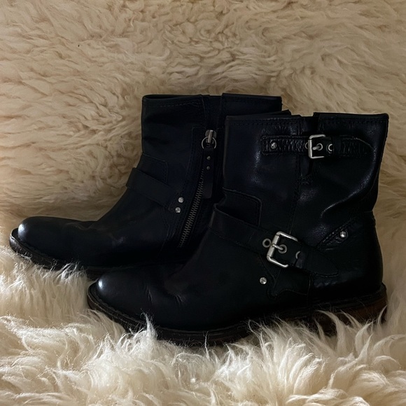 UGG Black Leather Double Buckle Combat Moto Side-Zip Ankle Boots - Picture 5 of 8